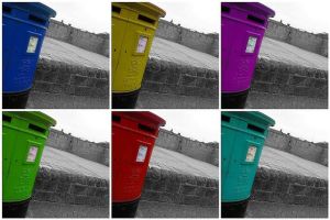 Postboxes of differing hues